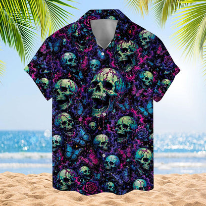 Front view of a short-sleeve skull Hawaiian shirt with vivid floral details