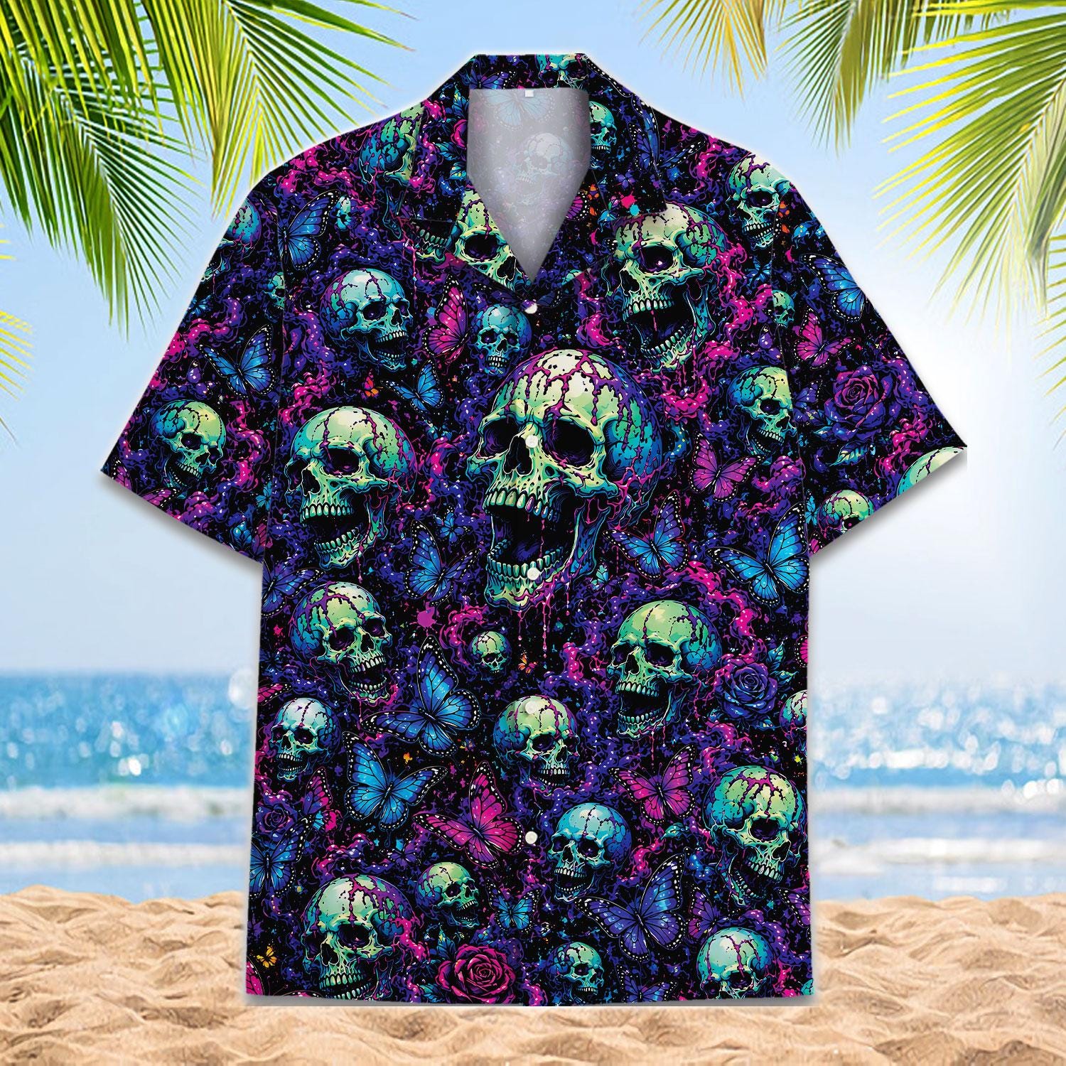 Front view of a colorful skull Hawaiian shirt with neon butterflies and roses
