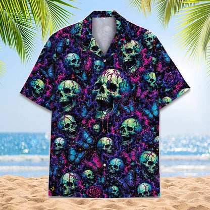 Front view of a colorful skull Hawaiian shirt with neon butterflies and roses