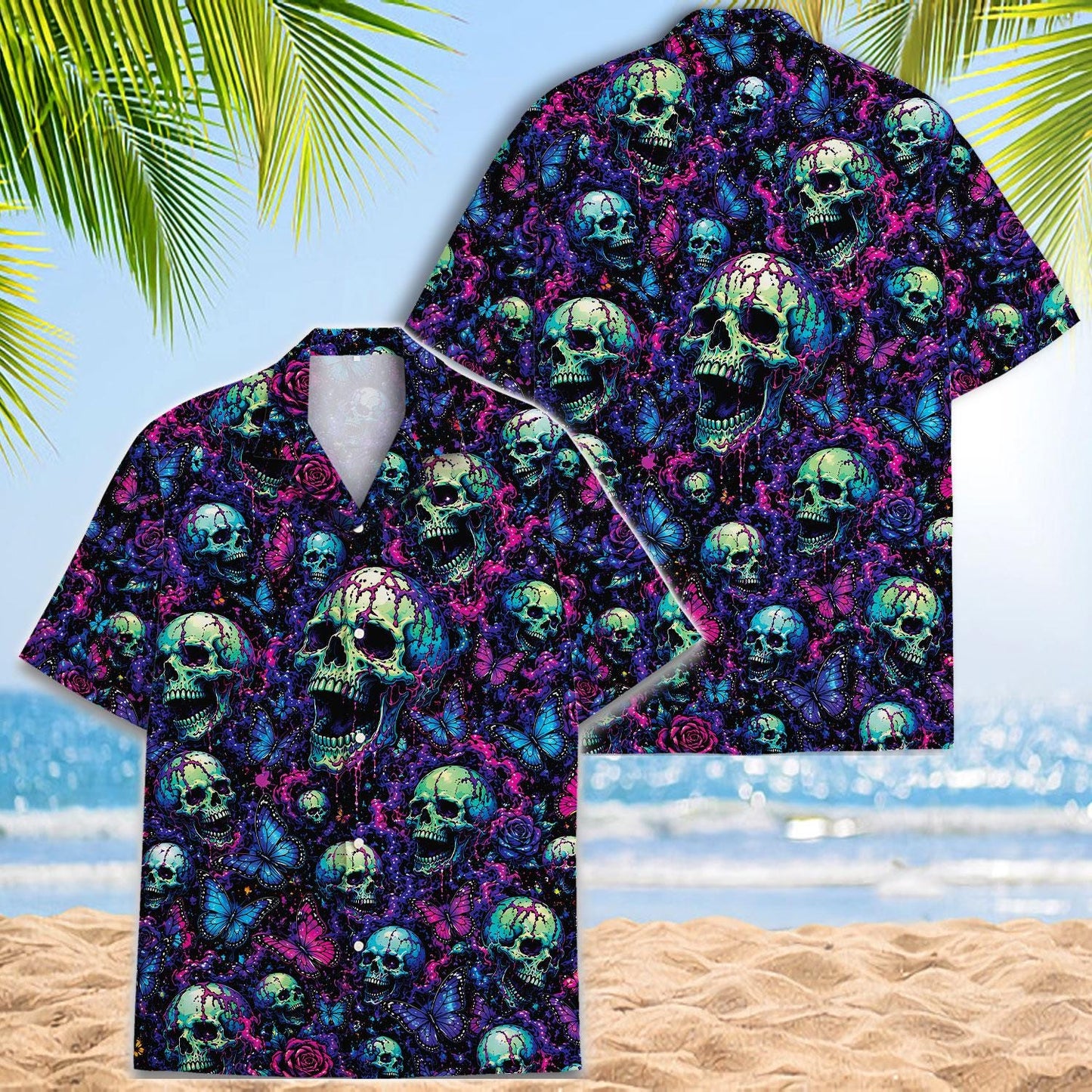 Two views of a skull Hawaiian shirt showing its all-over gothic tropical print