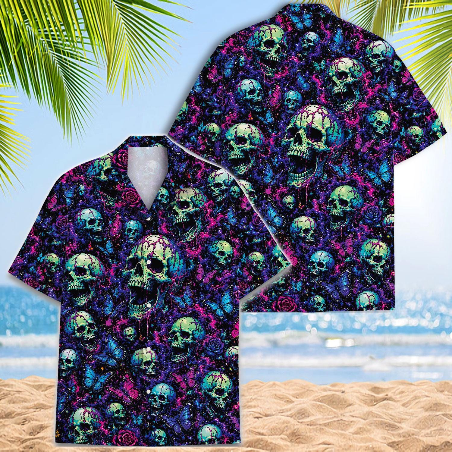 Two views of a skull Hawaiian shirt showing its all-over gothic tropical print