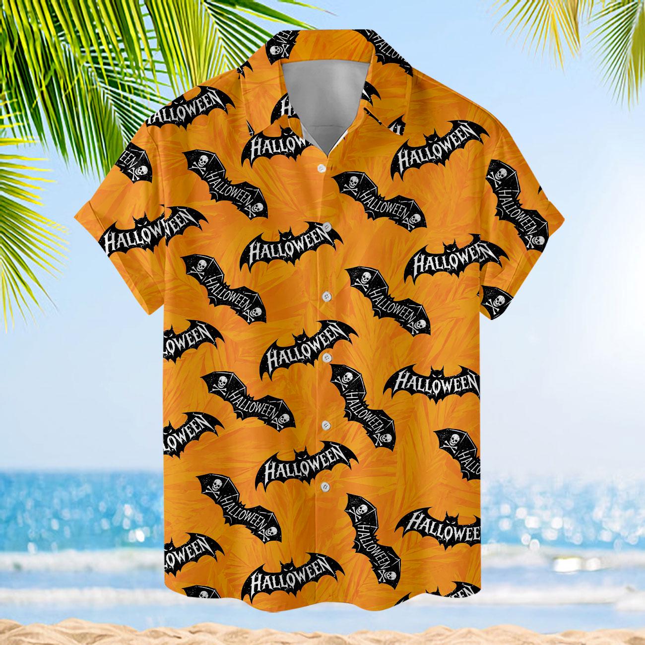 Orange short sleeve Halloween Hawaiian shirt displayed against a tropical beach background