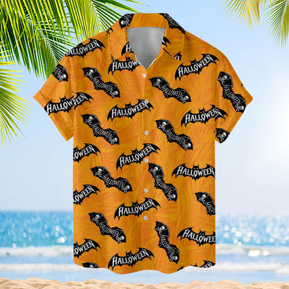 Orange short sleeve Halloween Hawaiian shirt displayed against a tropical beach background