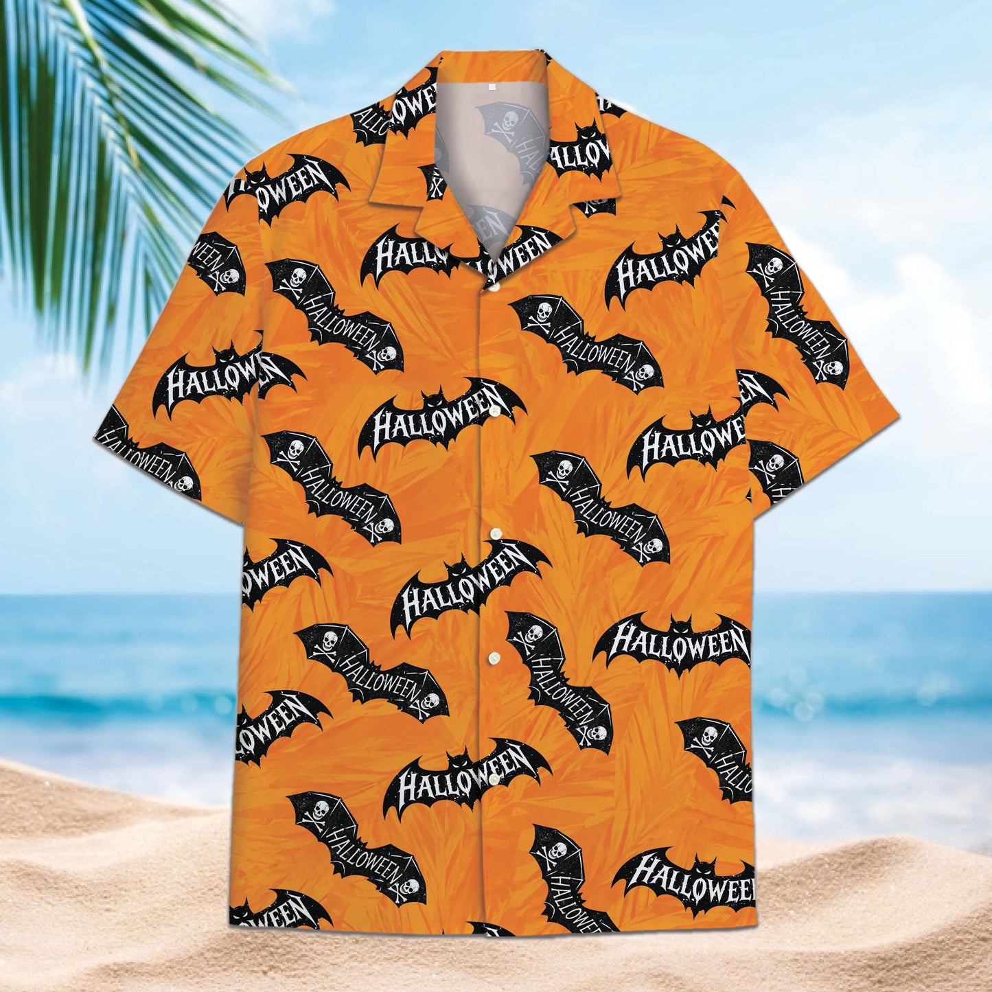 Orange Halloween Hawaiian shirt with black bats and lettering on a beach