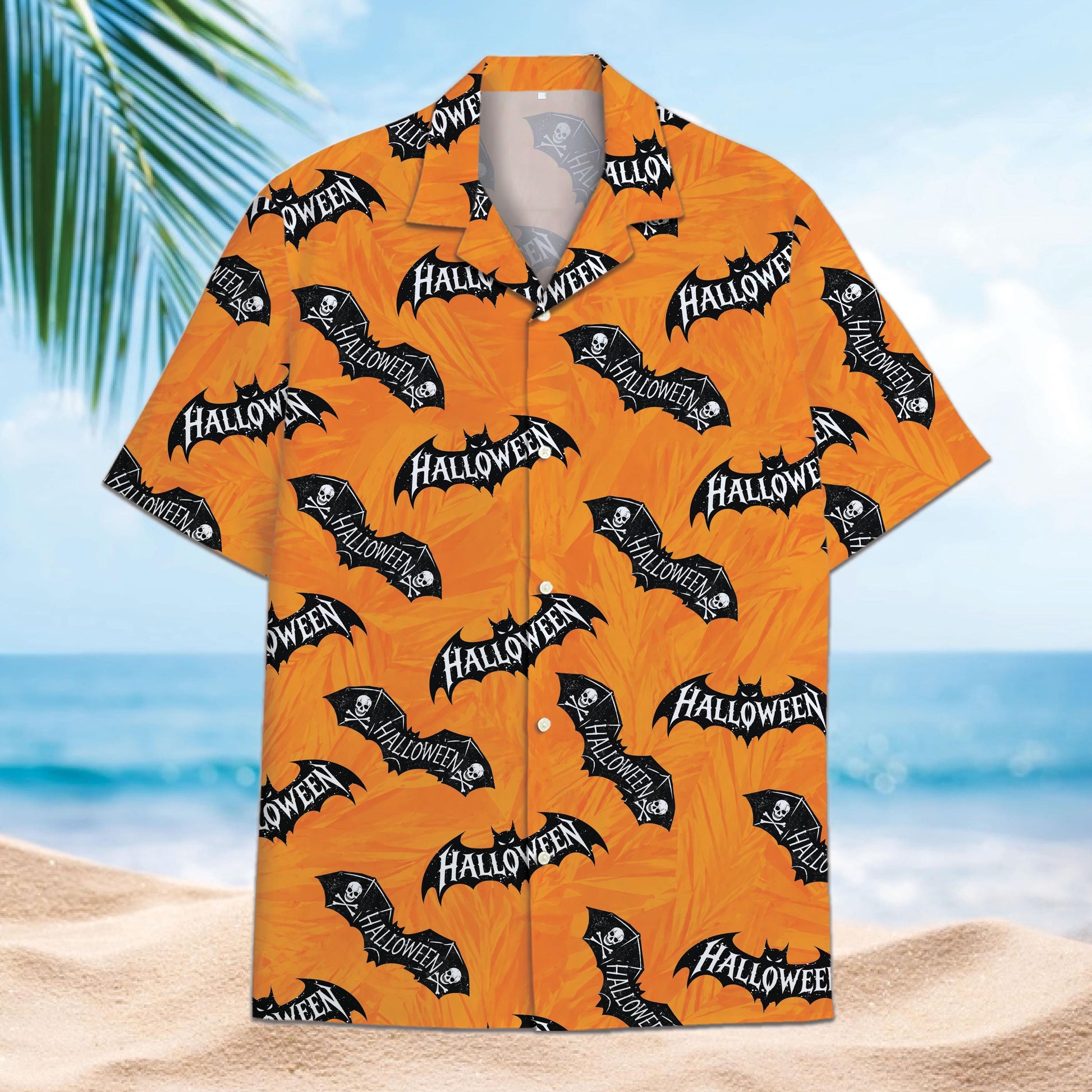 Orange Halloween Hawaiian shirt with black bats and lettering on a beach