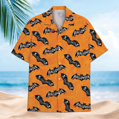 Orange Halloween Hawaiian shirt with black bats and lettering on a beach