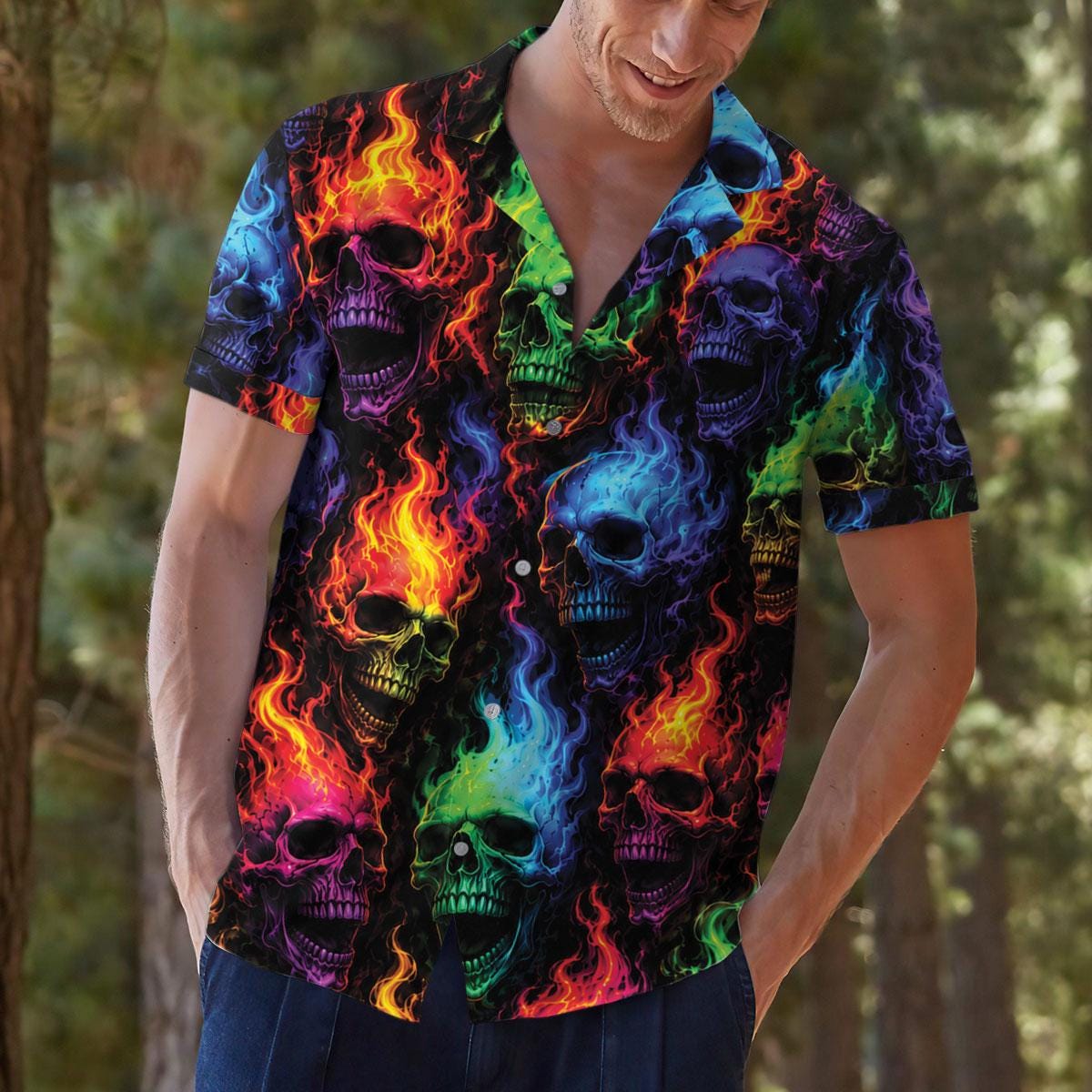 Model wearing the flaming skull short sleeve shirt outdoors