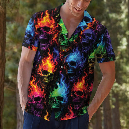 Model wearing the flaming skull short sleeve shirt outdoors