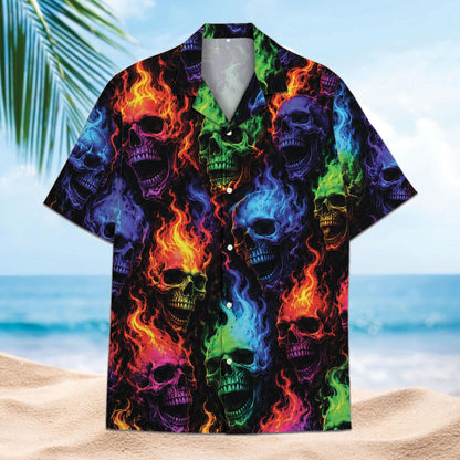 Front view of multicolor flaming skull short sleeve button-up shirt on a beach