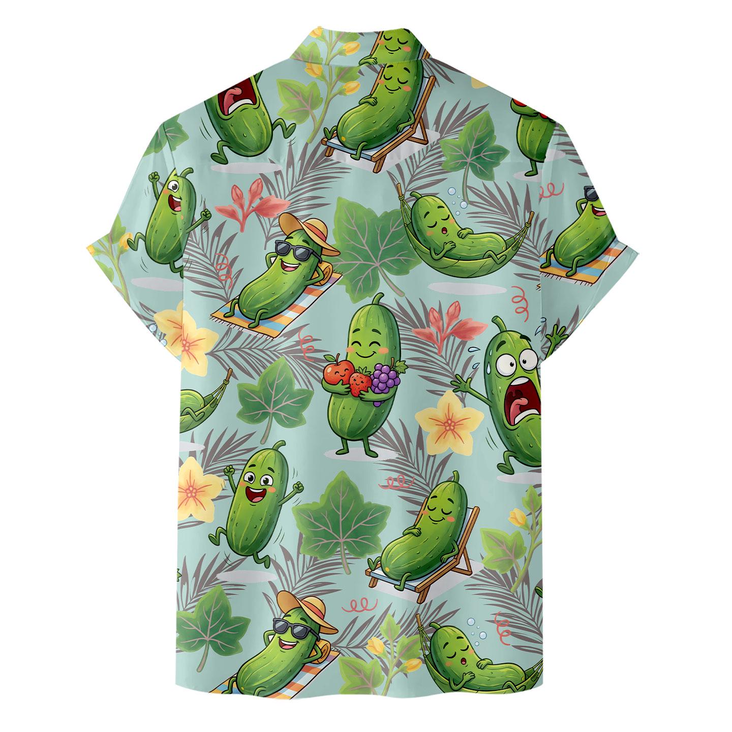 Back view of the tropical cartoon pickle Hawaiian shirt