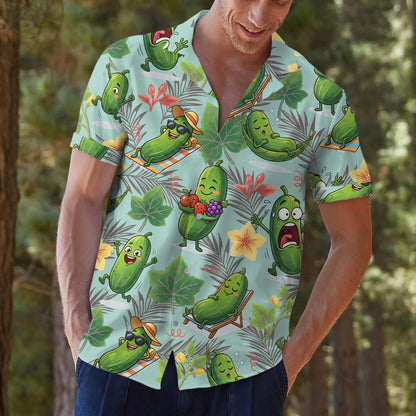 Model styling the cartoon pickle tropical shirt for a casual outdoor look