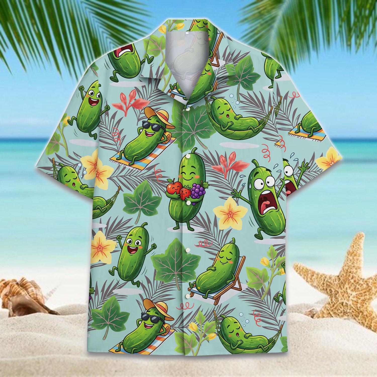 Front view of a cartoon pickle Hawaiian shirt with tropical leaves and colorful flowers
