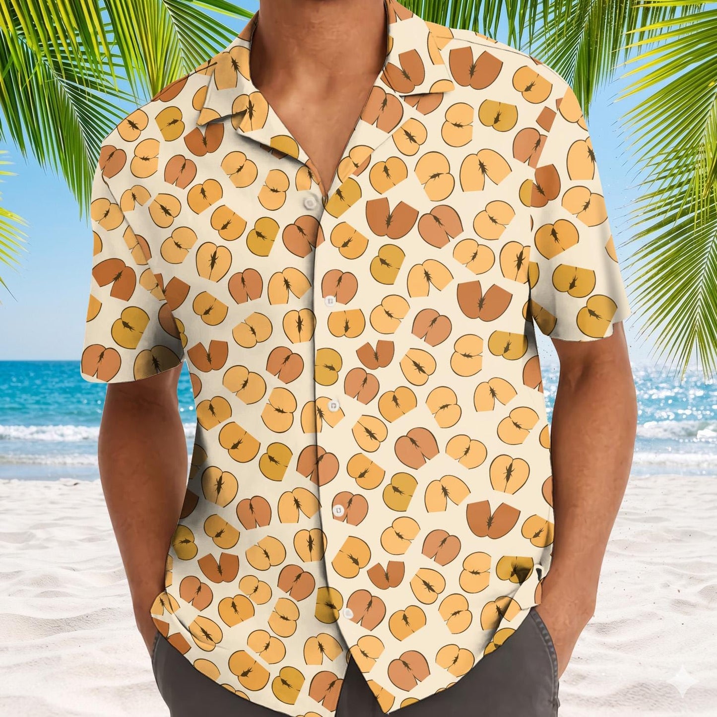 Close view of the open collar and button front on a printed Hawaiian shirt