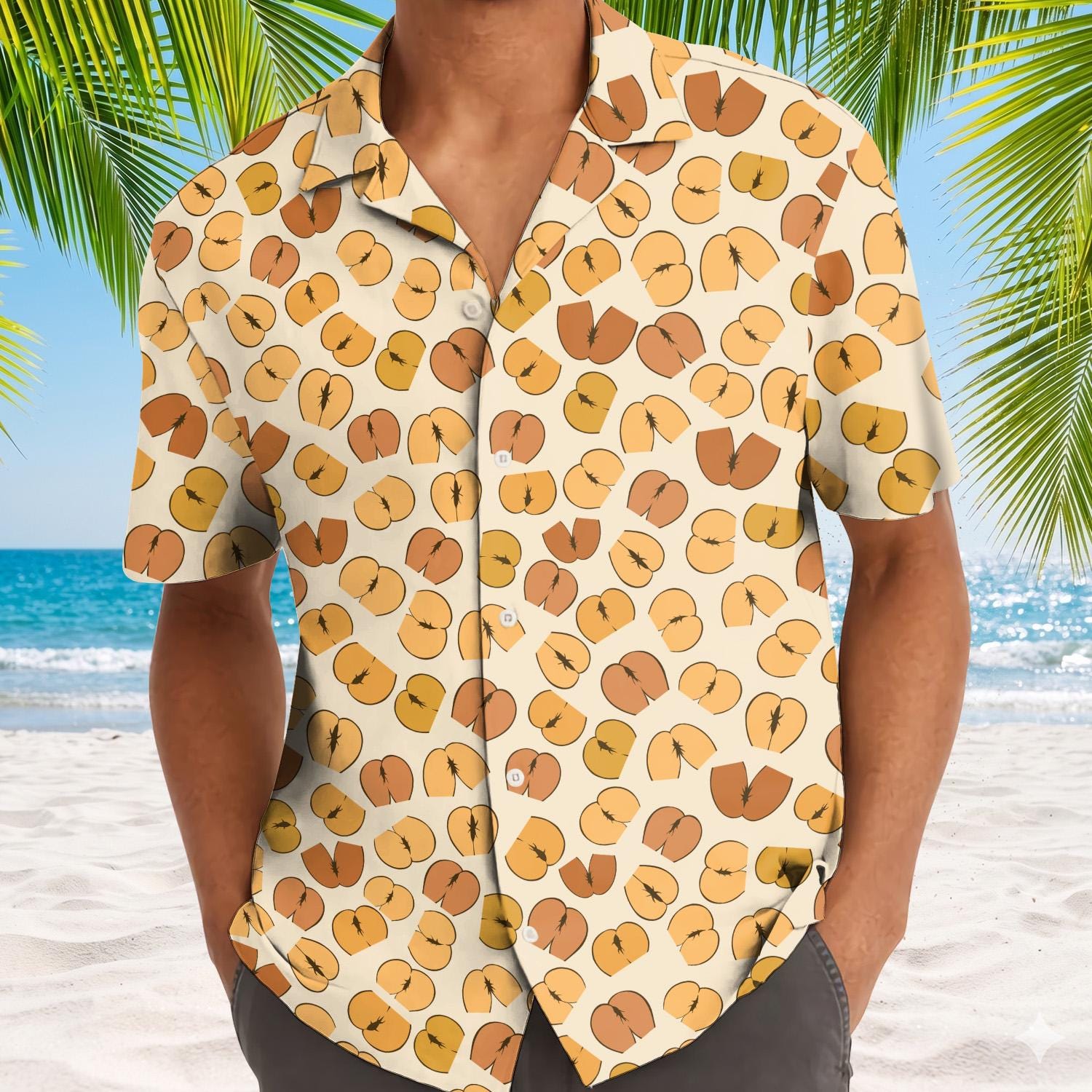 Close view of the open collar and button front on a printed Hawaiian shirt