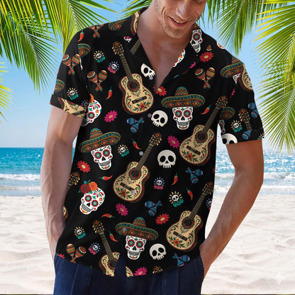 Model styling the colorful skull and guitar Hawaiian shirt with casual shorts