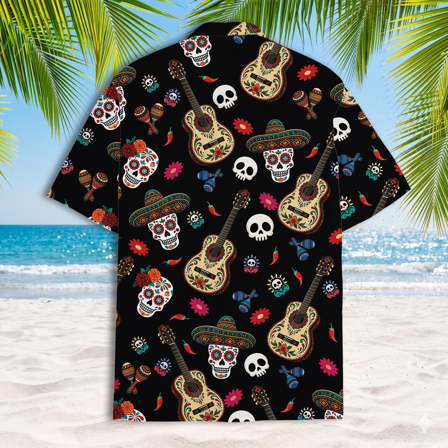 Back view of black Hawaiian shirt featuring guitars and sugar skulls
