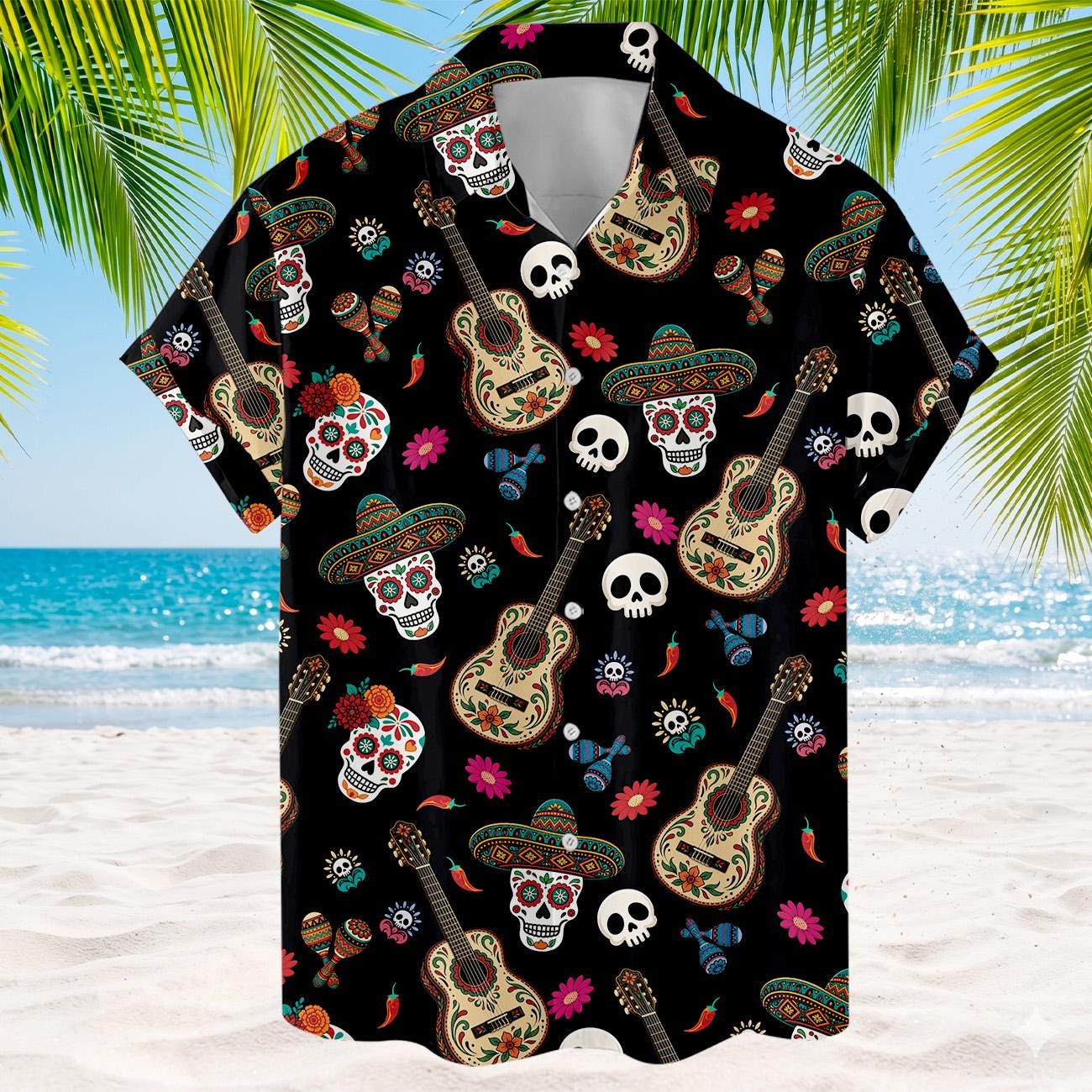 Short sleeve black Hawaiian shirt with all-over Día de los Muertos-inspired print