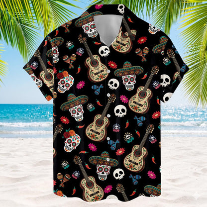 Short sleeve black Hawaiian shirt with all-over Día de los Muertos-inspired print