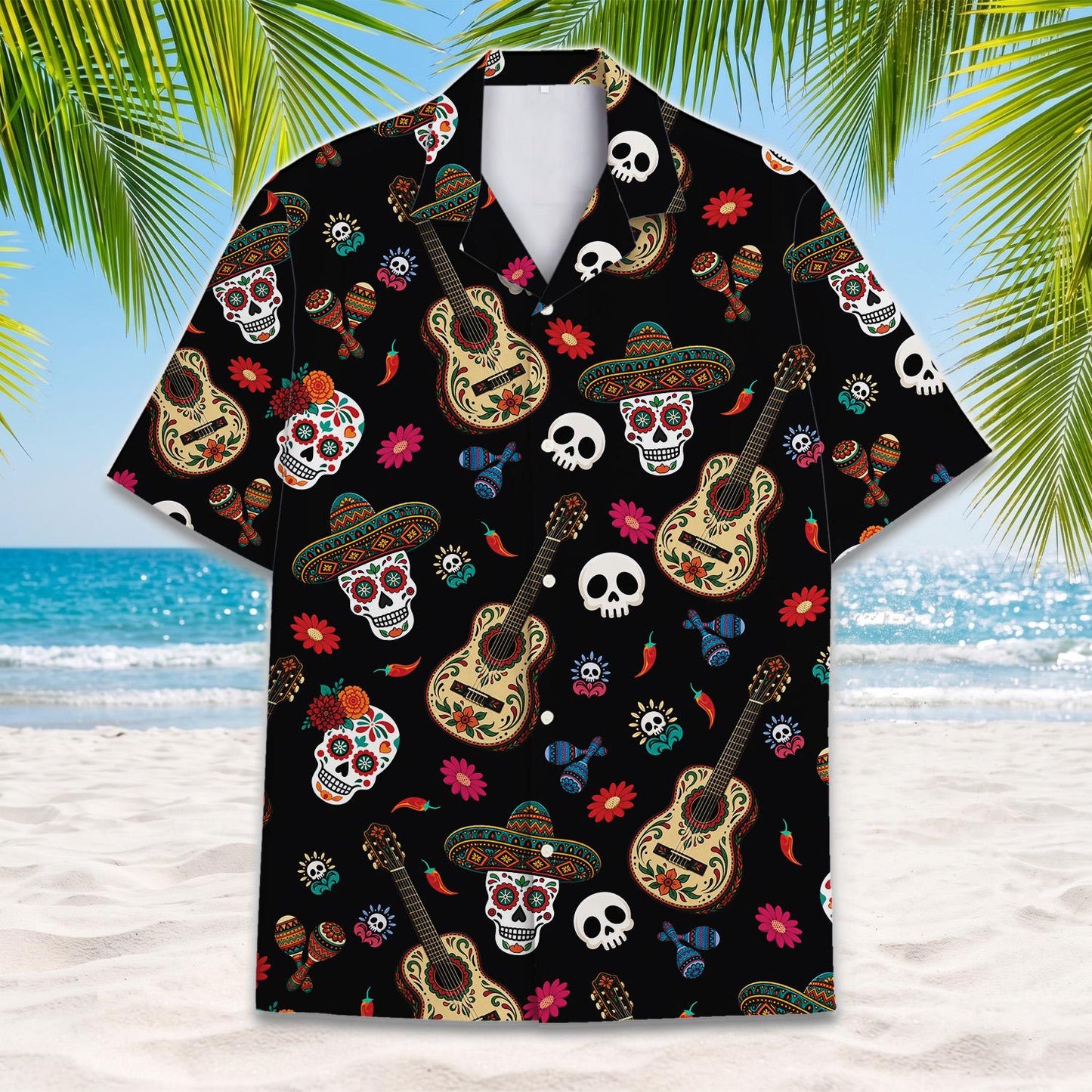 Front view of a black sugar skull and guitar Hawaiian shirt