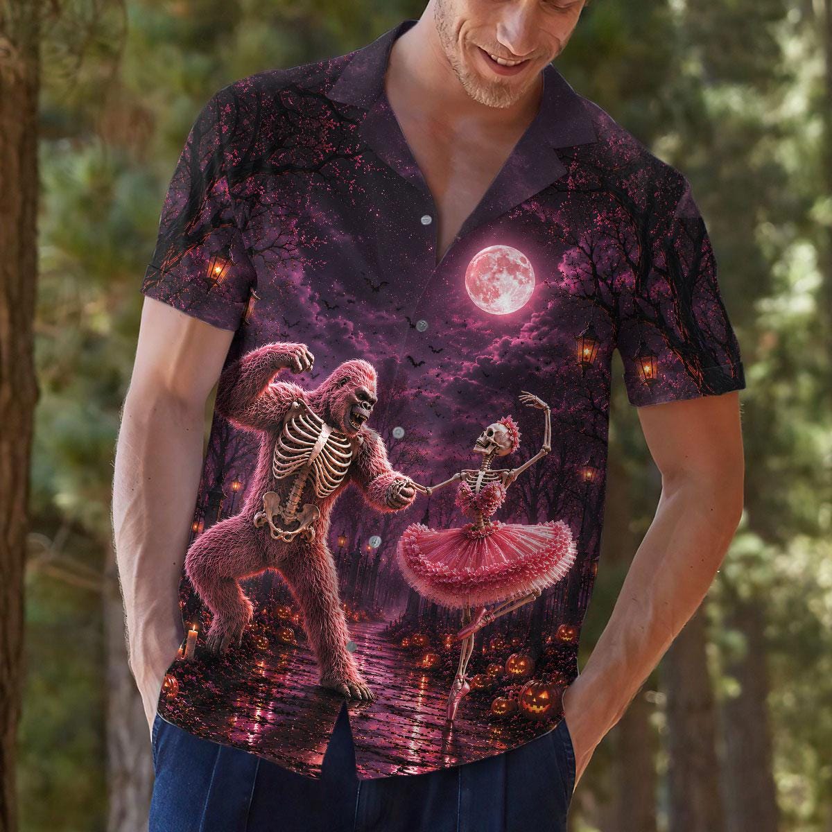 Model wearing the moonlit skeleton dance Hawaiian shirt outdoors