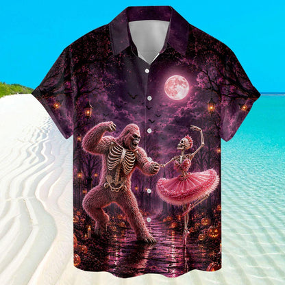 Front view of skeleton dance Hawaiian shirt against a tropical beach background