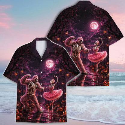 Hawaiian shirt displayed front and back with a moonlit skeleton dance design