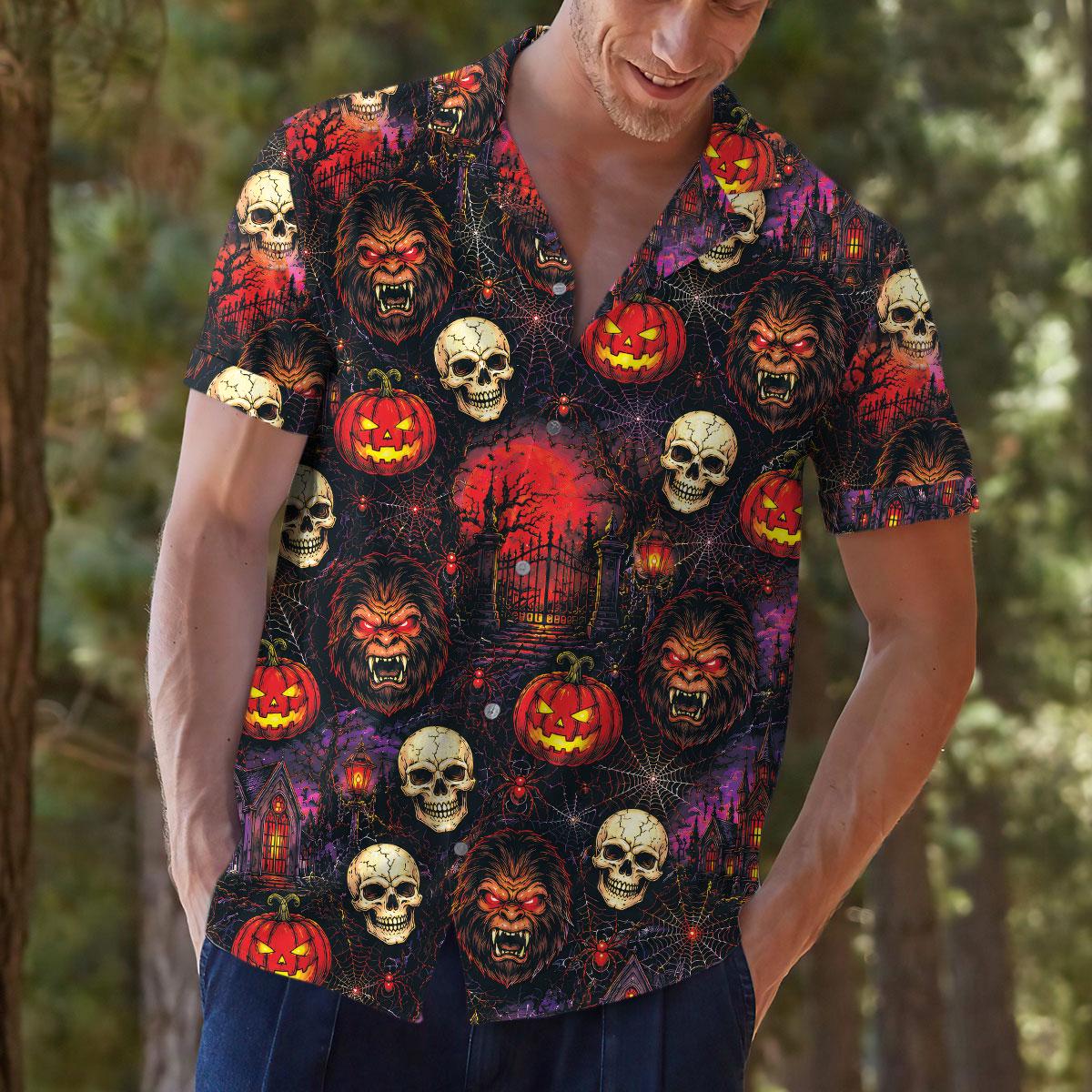 Model wearing spooky skull and pumpkin Hawaiian shirt outdoors