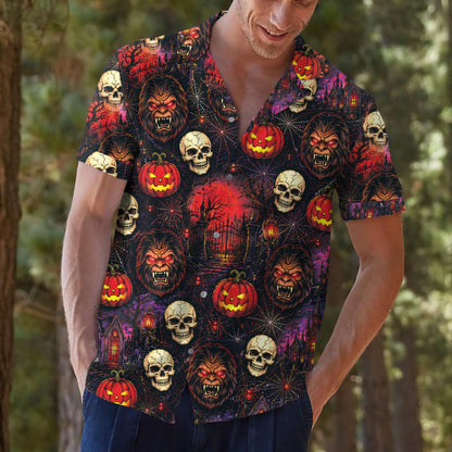 Model wearing spooky skull and pumpkin Hawaiian shirt outdoors