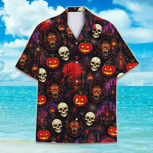 Front view of Halloween Hawaiian shirt with skulls, pumpkins, werewolves, and haunted castles