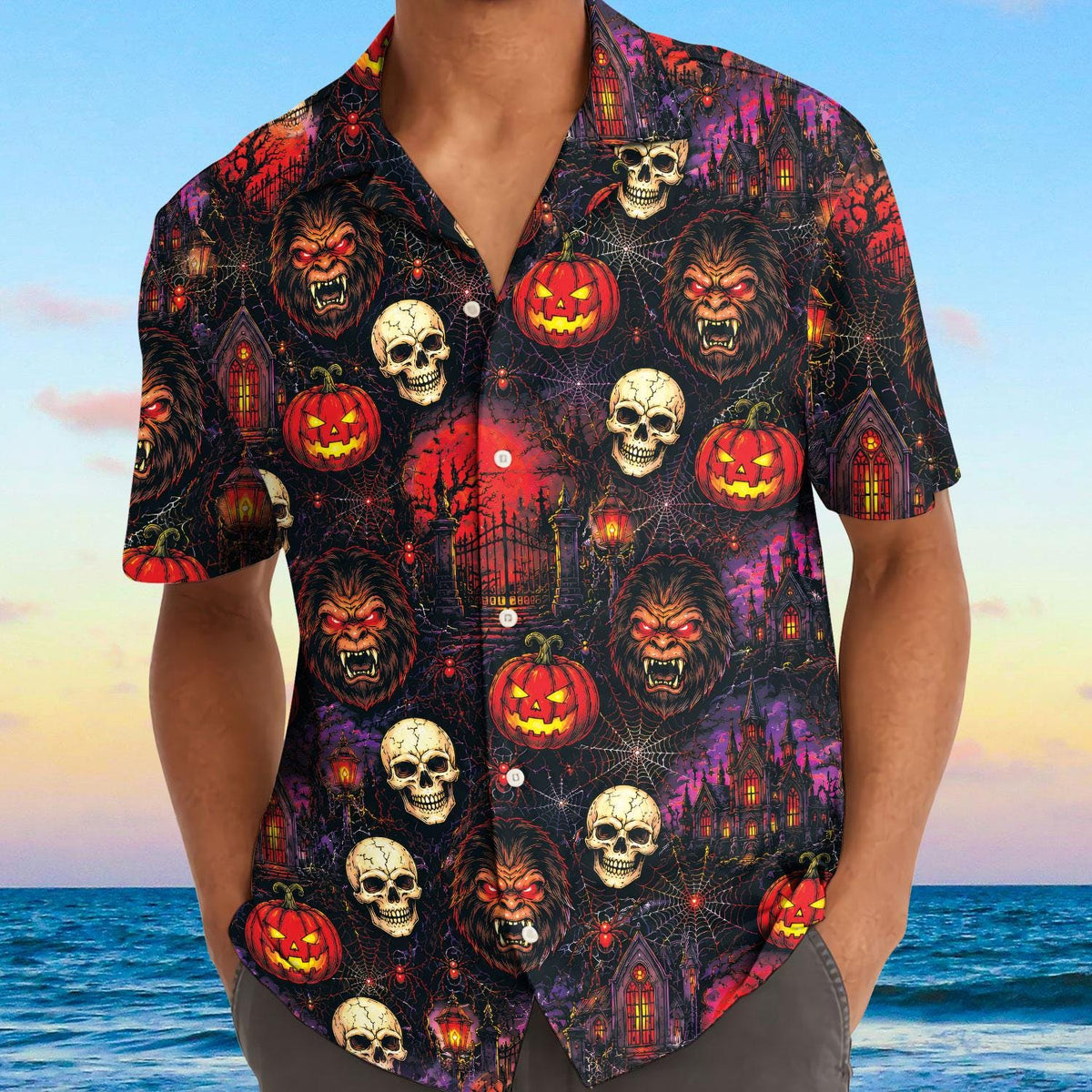 Model wearing Halloween Hawaiian shirt with skull, pumpkin, and werewolf print