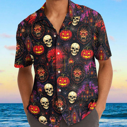 Model wearing Halloween Hawaiian shirt with skull, pumpkin, and werewolf print