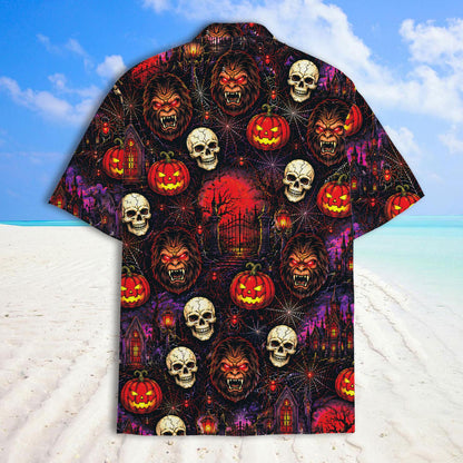 Back view of Halloween Hawaiian shirt with werewolves, skulls, pumpkins, and haunted castles