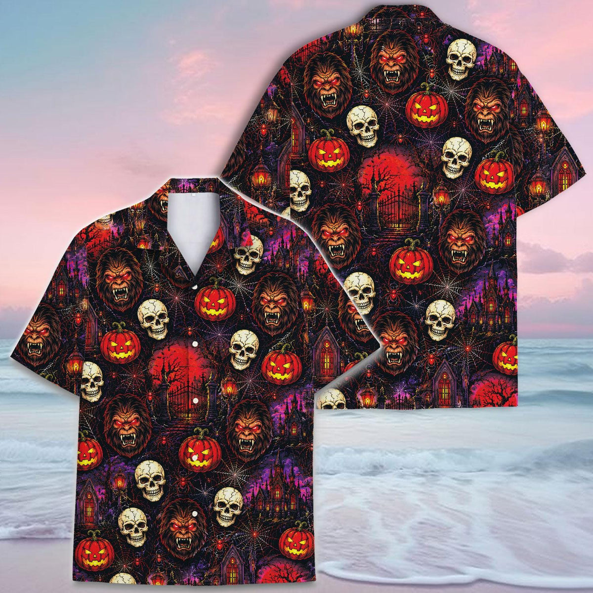 Front and back views of dark Halloween Hawaiian shirt with spooky all-over print