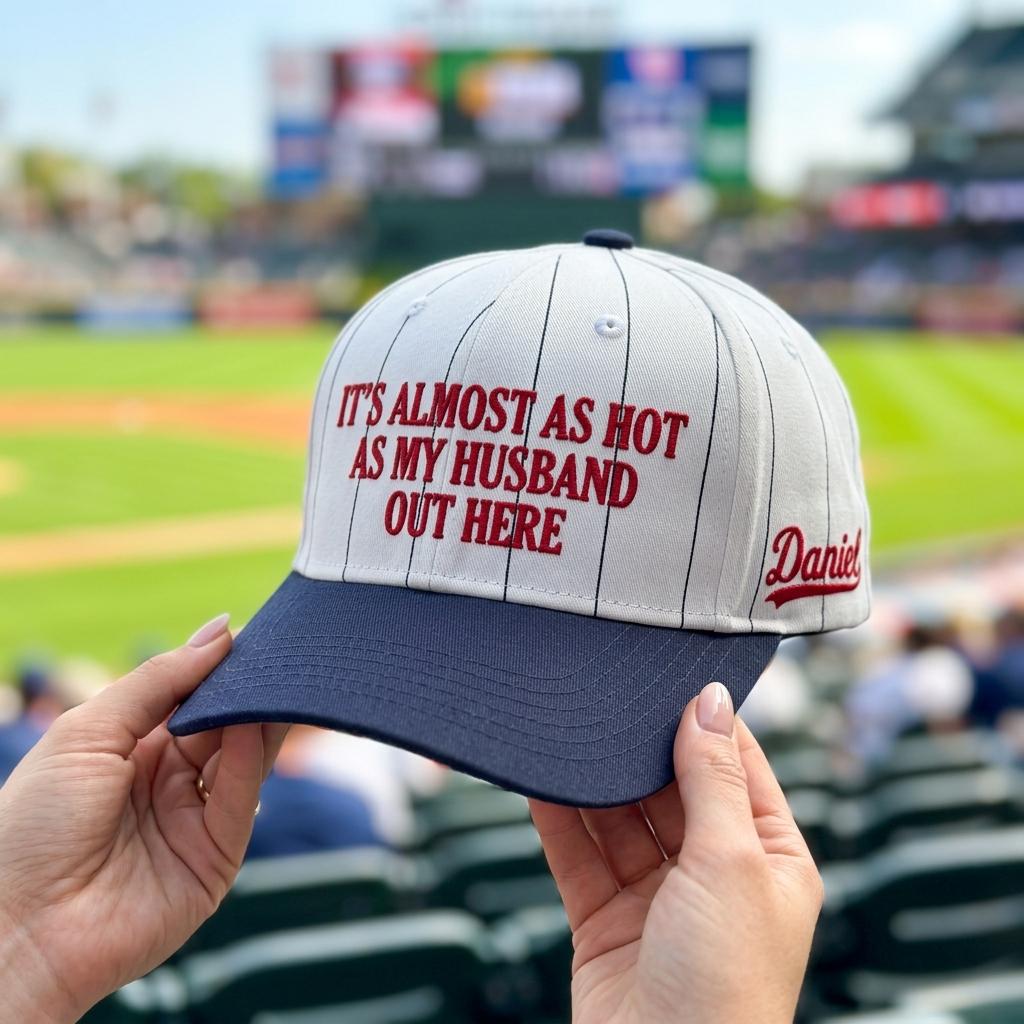 Funny baseball hat held at a stadium with white pinstripes and navy brim