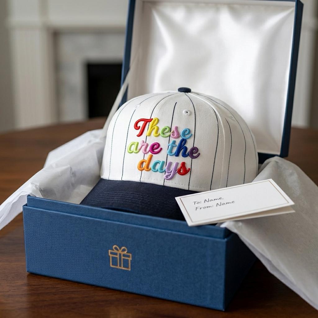 Embroidered “These are the days” baseball cap presented in a gift box