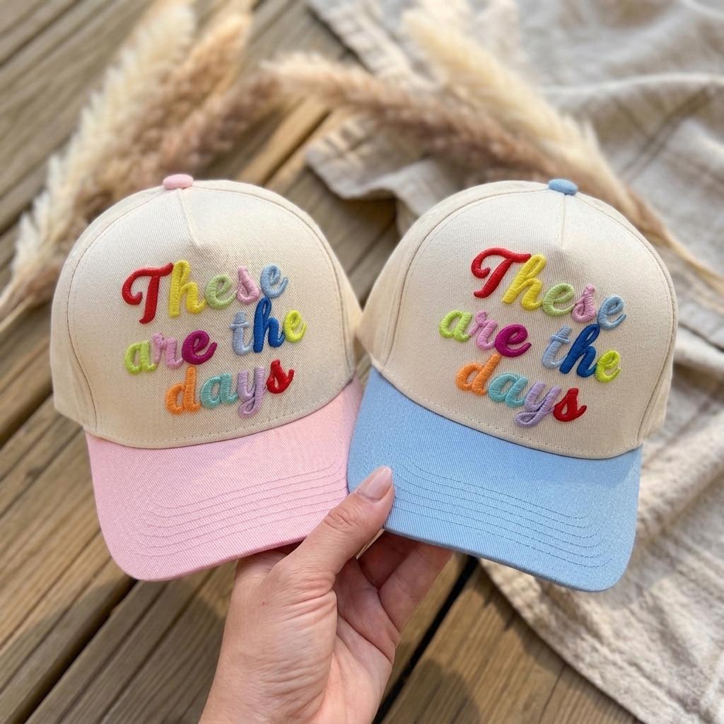 Two two-tone embroidered hats with colorful “These are the days” lettering, shown with pink and light blue brims
