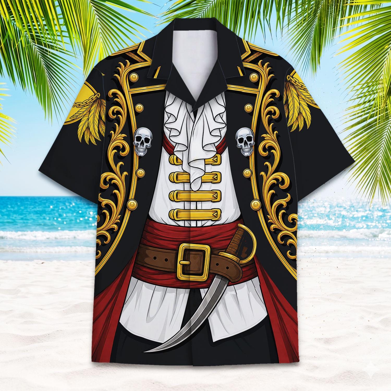 Front view of black pirate Hawaiian shirt with skulls, gold scrollwork, red sash, belt, and sword print