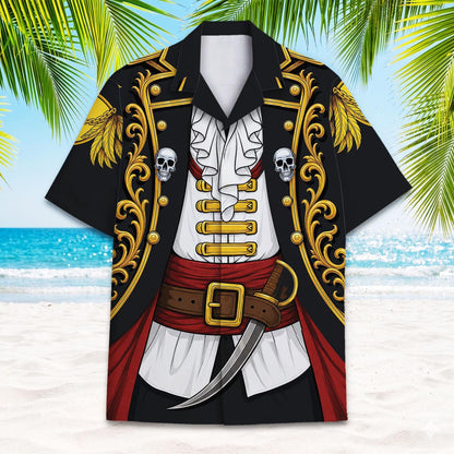 Front view of black pirate Hawaiian shirt with skulls, gold scrollwork, red sash, belt, and sword print