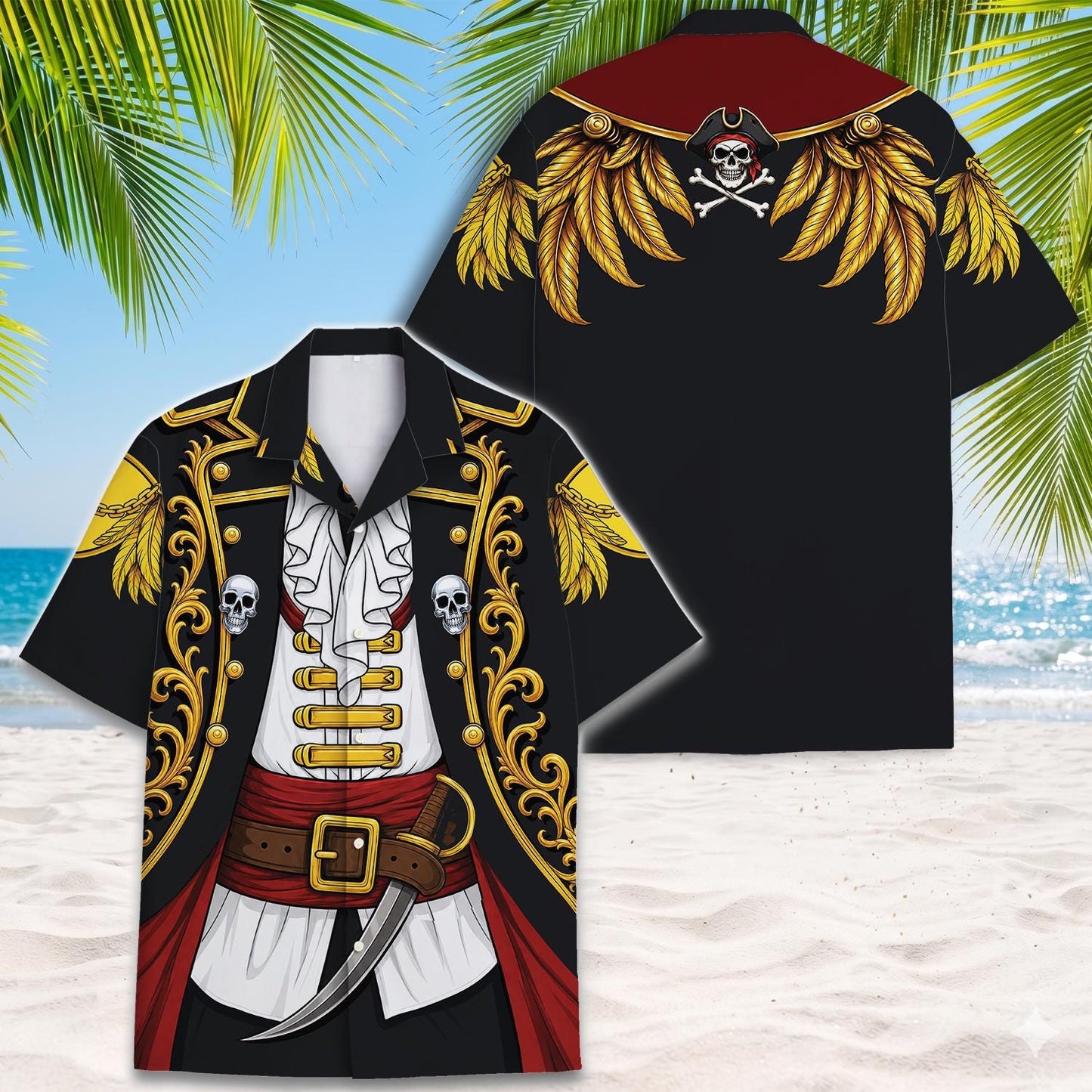Front and back views of ornate black pirate captain Hawaiian shirt with gold detailing