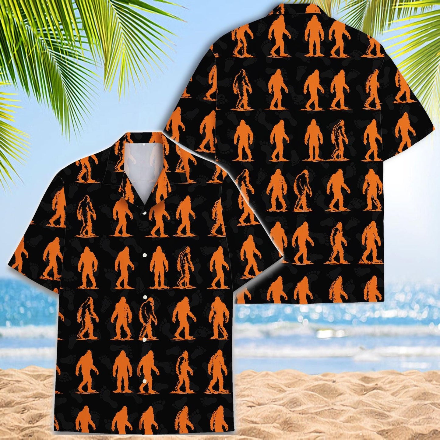 Front and back views of a black and orange Bigfoot Hawaiian shirt