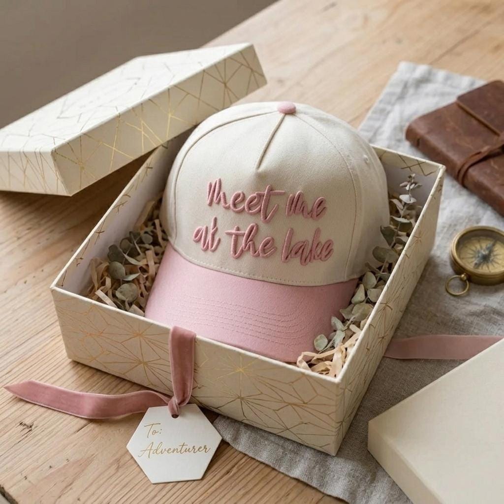 Two-tone embroidered lake cap presented in a decorative gift box