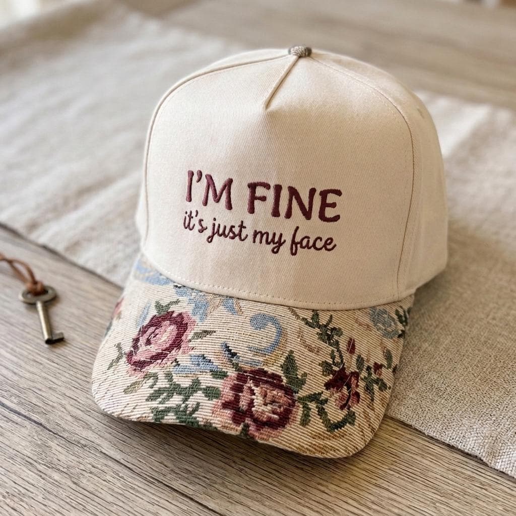 Floral brim embroidered hat displayed on a wooden table