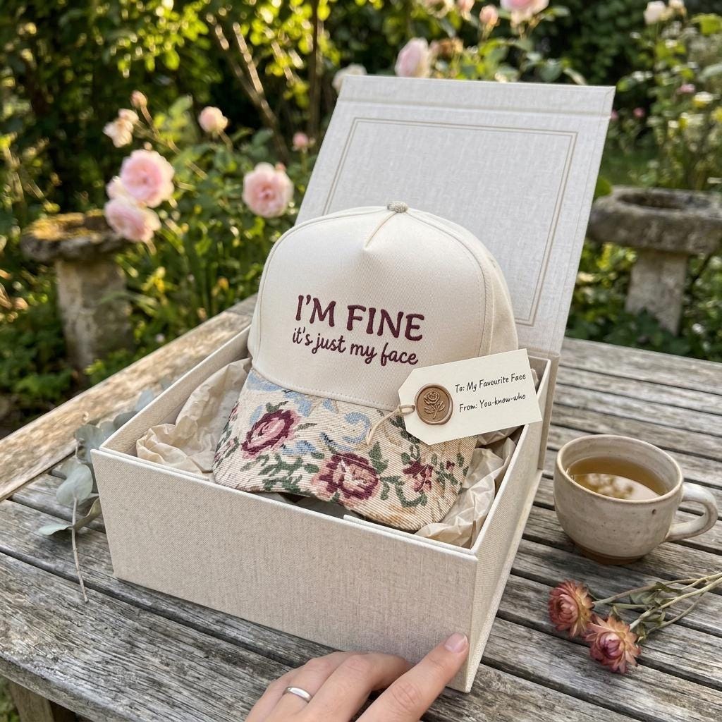 Floral message hat presented in a gift box outdoors