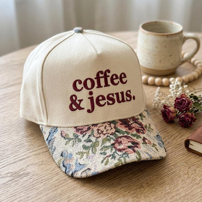 Angled view of Christian message hat showing the floral-patterned curved brim