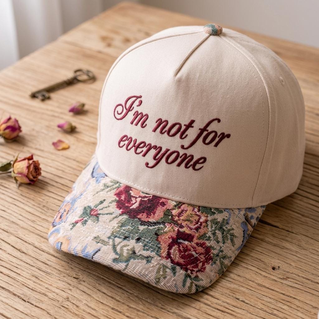 Angled view of embroidered floral brim hat on a wooden table