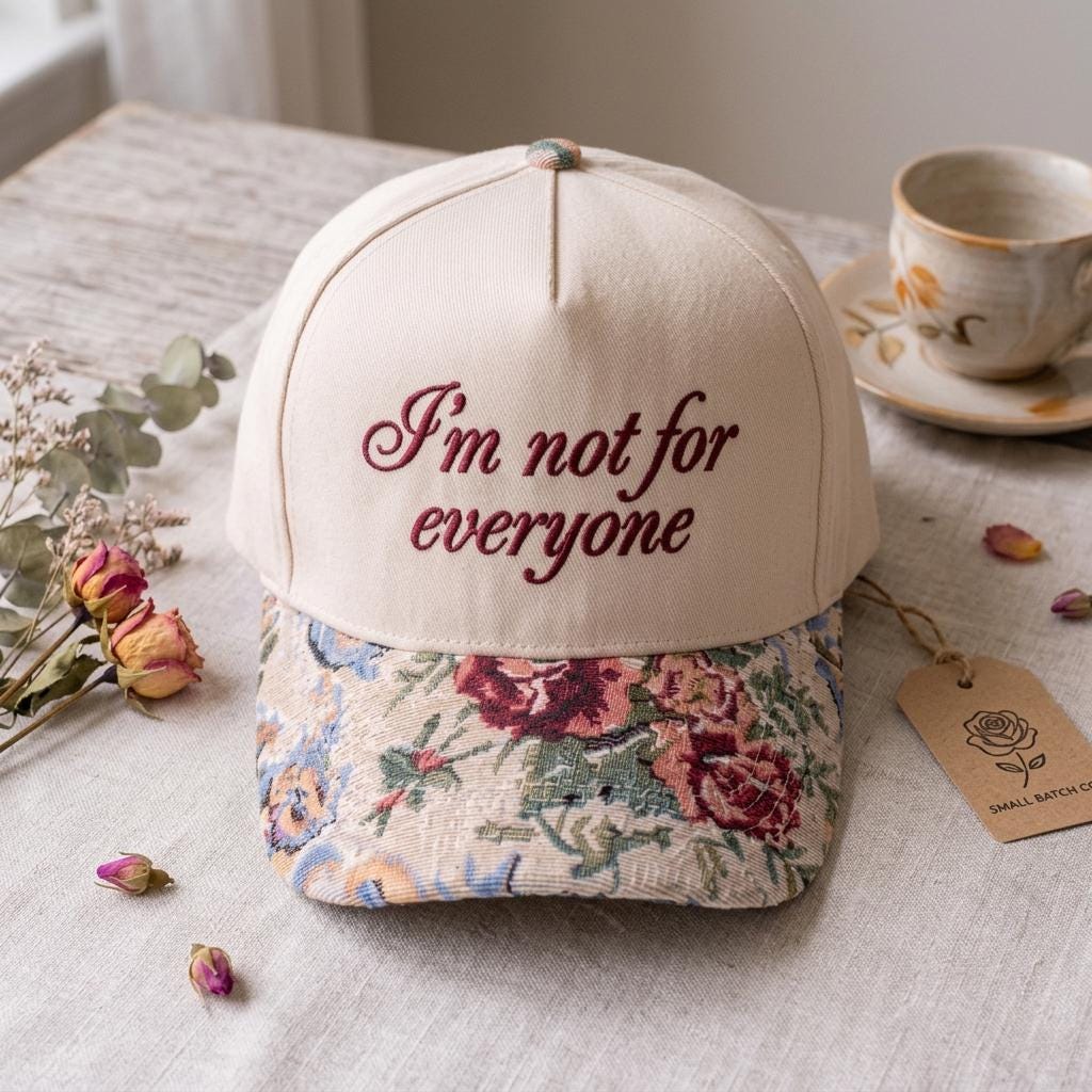 Cream embroidered hat with “I’m not for everyone” script and floral-patterned brim