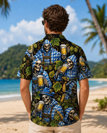 Back view of a man wearing a black Hawaiian shirt covered in blue reapers, skeletons, mugs, and tropical leaves