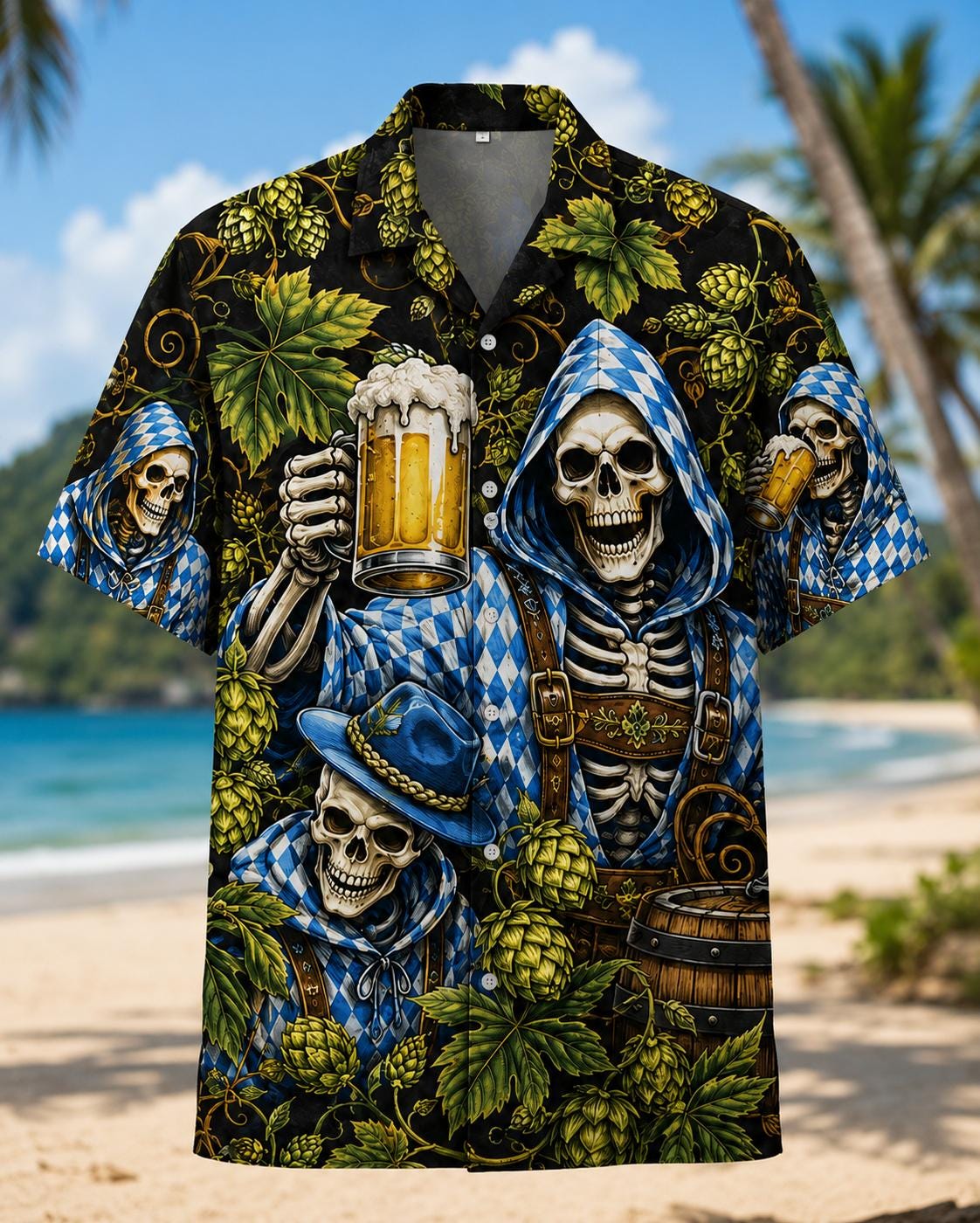 Front view of a black Hawaiian shirt featuring blue hooded skeletons, golden mugs, tropical foliage, and skull artwork