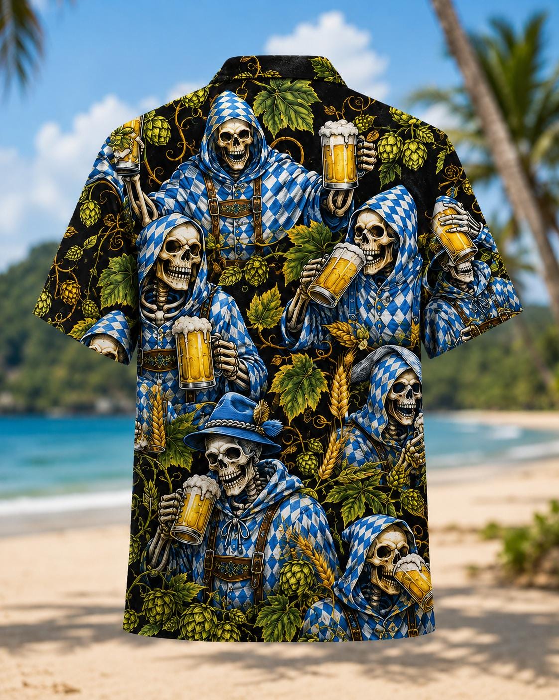 Back view of a skeleton Hawaiian shirt with blue reapers, golden mugs, tropical leaves, and detailed allover print