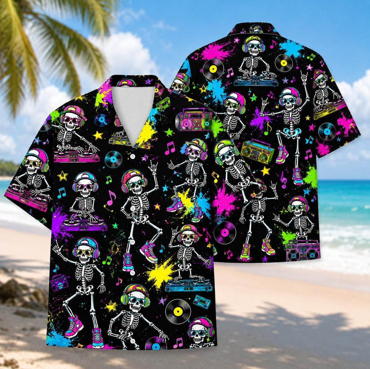 Black Hawaiian shirt with neon DJ skeletons, records, boomboxes and music notes on the front
